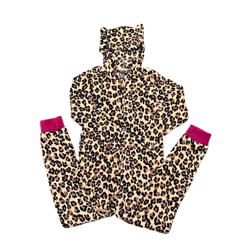 PJ Couture Women’s Pajamas Size Small One Piece Leopard Print Hood w/Ears